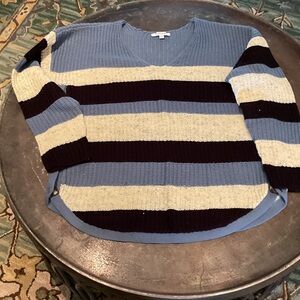 Striped V-Neck Pullover Sweater - Blue, Cream & Black